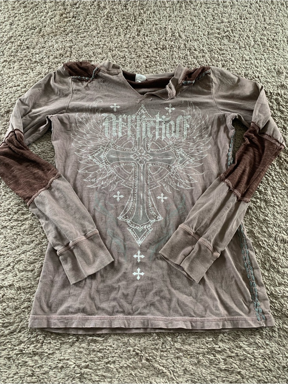Affliction Womens' Two-Tone Taupe & Brown Long Sleeve Graphic Tee
